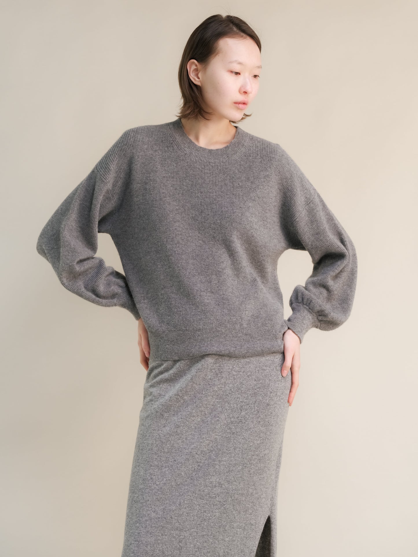 Cashmere Mix Ribbed Crewneck Sweater with Balloon Sleeves