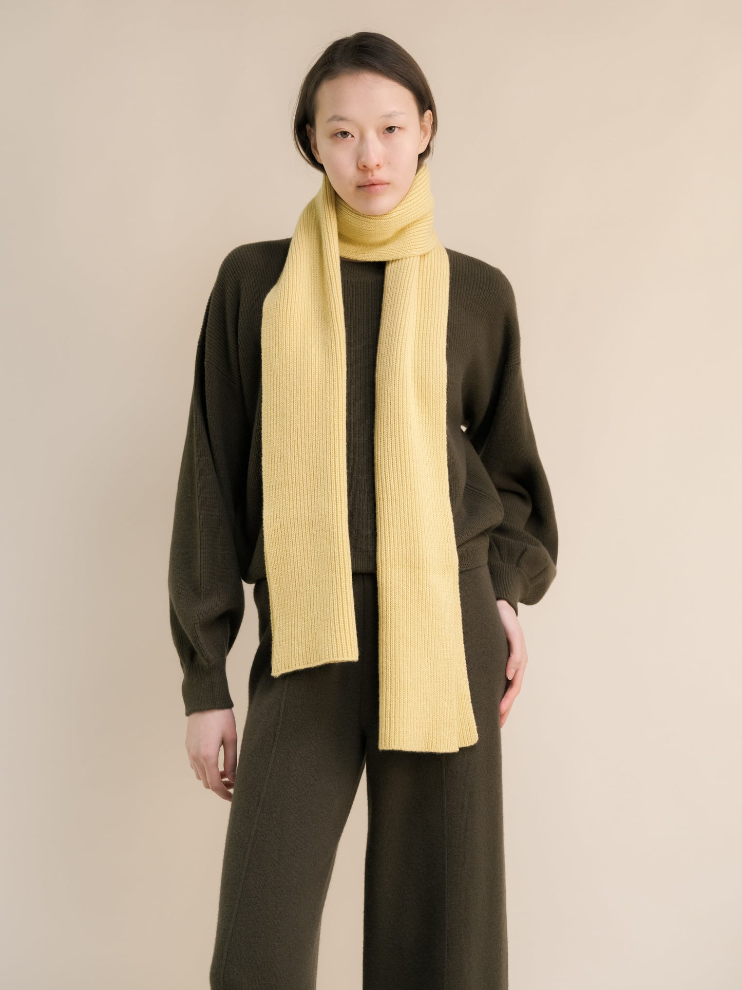 Cashmere Mix Ribbed Crewneck Sweater with Balloon Sleeves