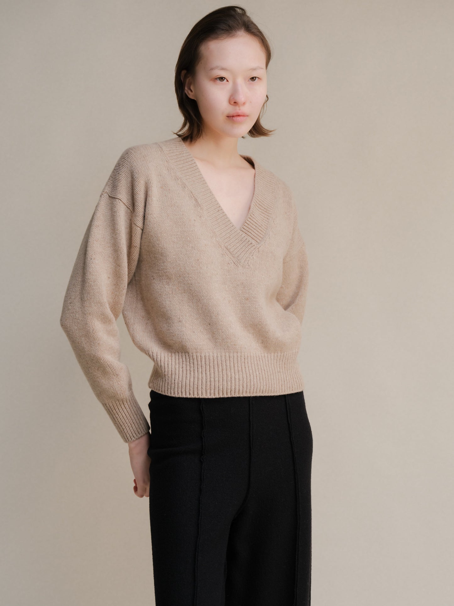 Tweed Cropped Double V-Neck Sweater