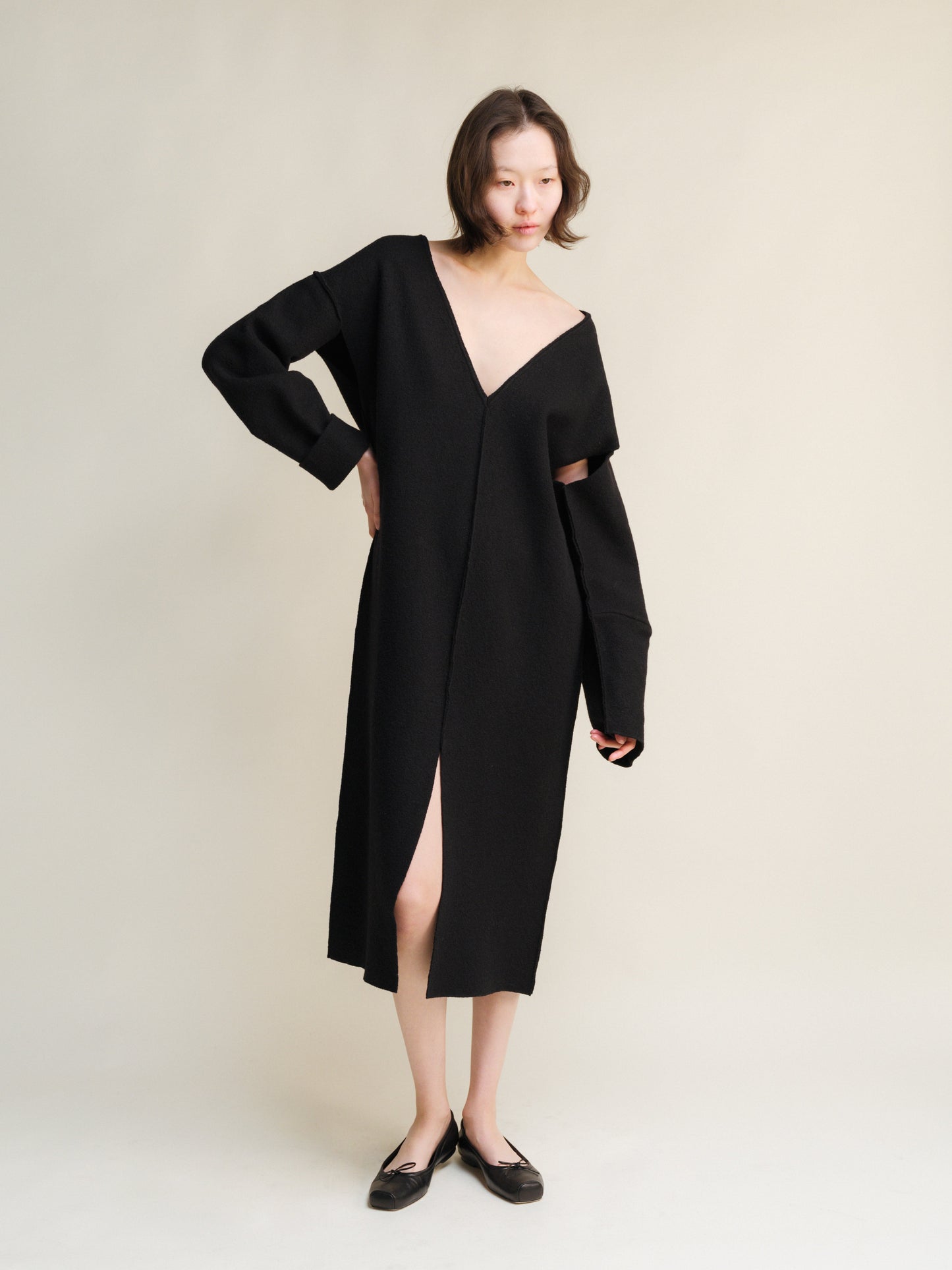 Boiled Wool V-Neck Dress