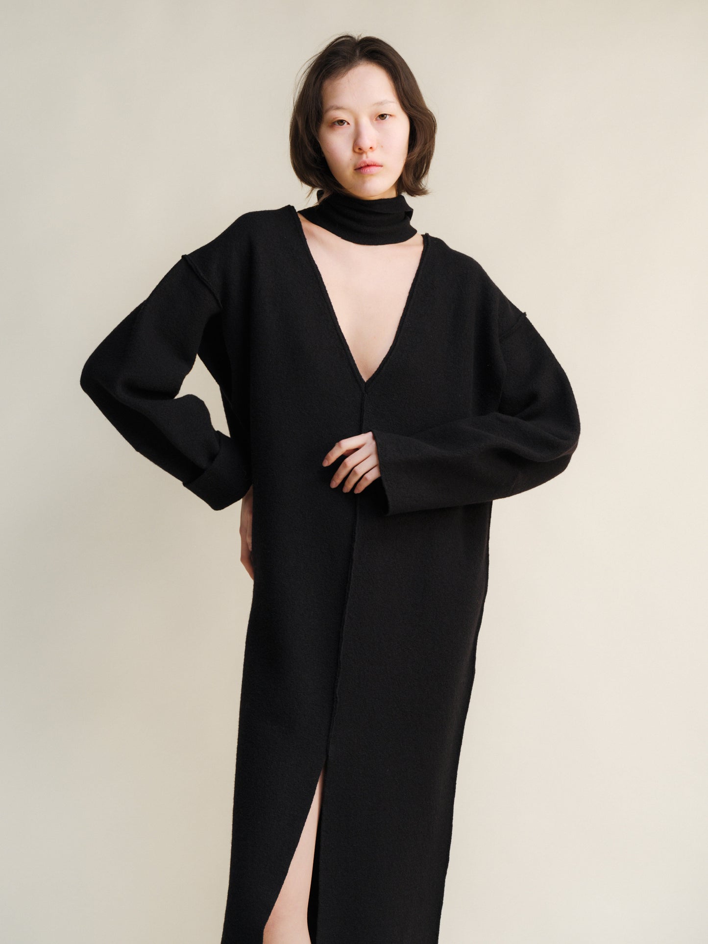 Boiled Wool V-Neck Dress