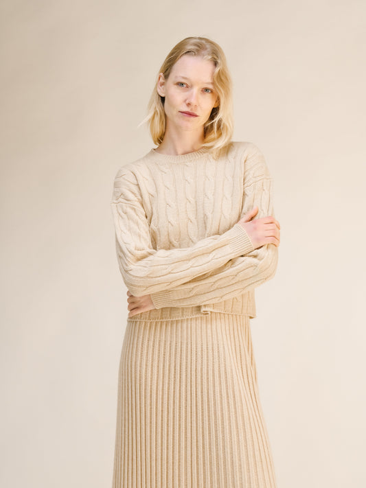 Cashmere Mix Cropped Cable Crewneck Sweater
