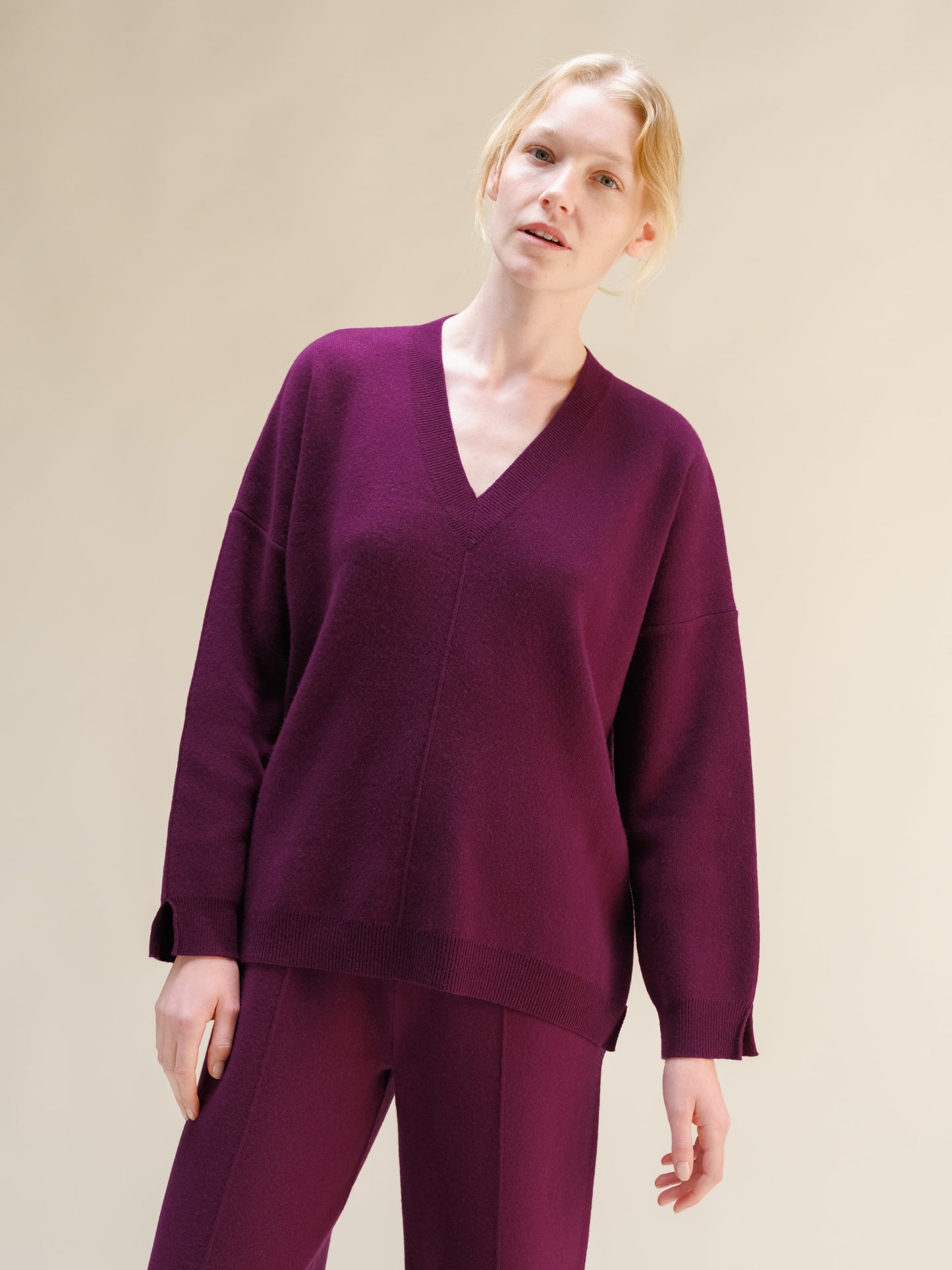 Cashmere Mix Solid Maxi V Neck with Side Slits