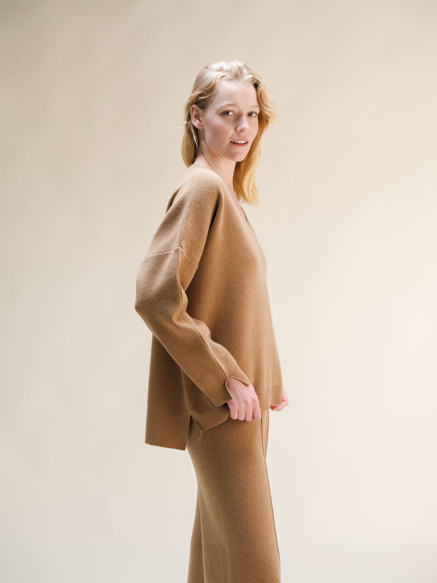 Cashmere Mix Solid Maxi V Neck with Side Slits