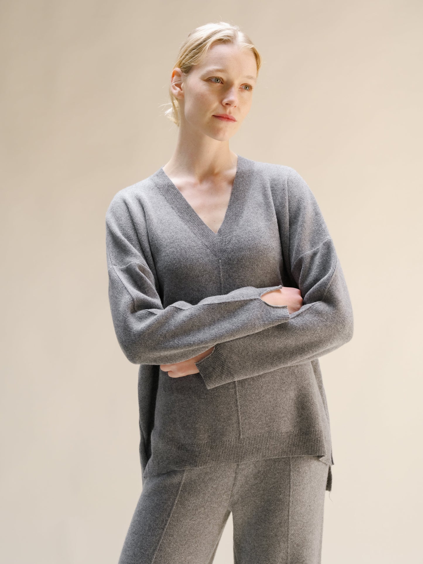 Cashmere Mix Solid Maxi V Neck with Side Slits