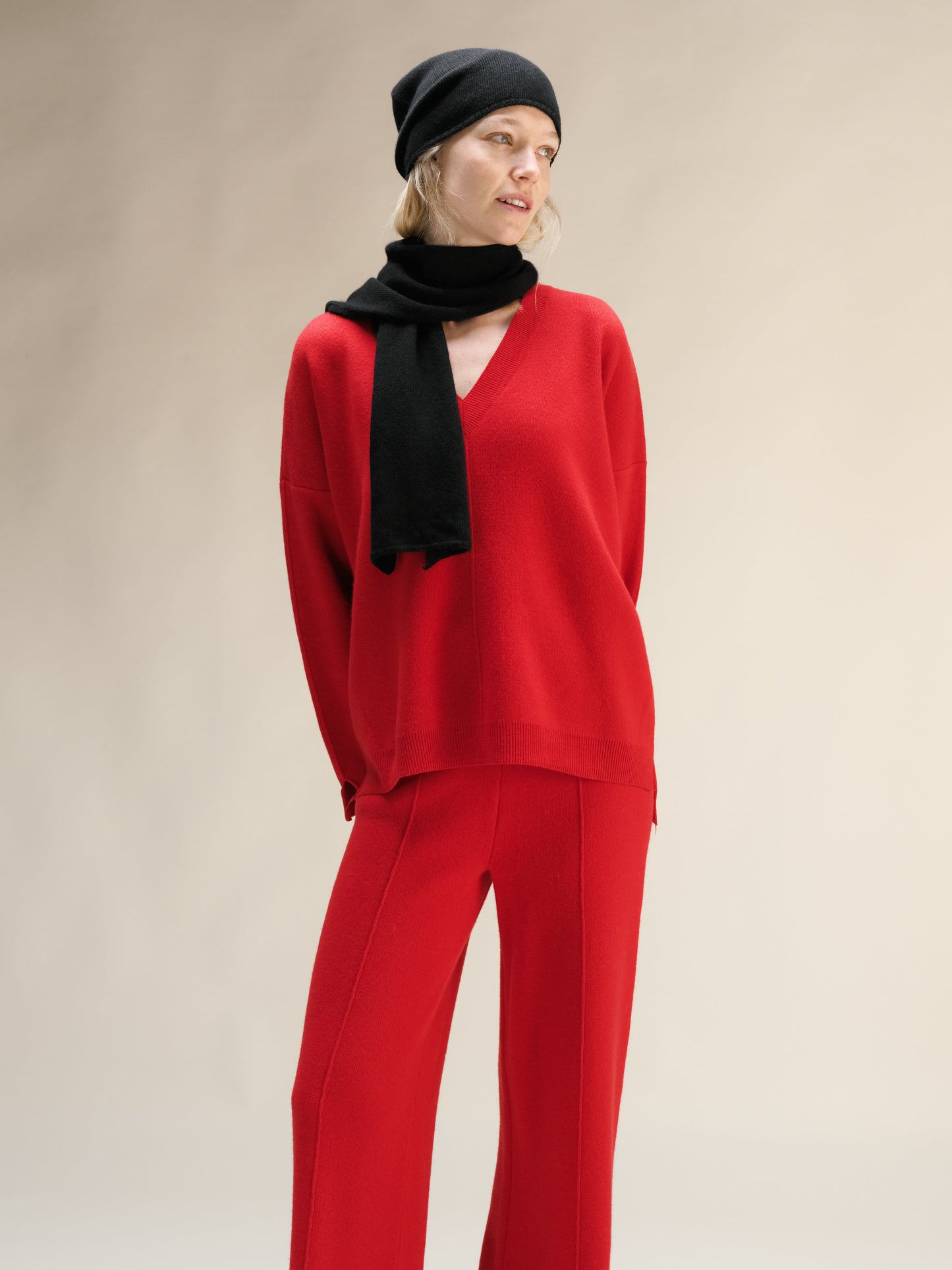 Cashmere Mix Solid Maxi V Neck with Side Slits