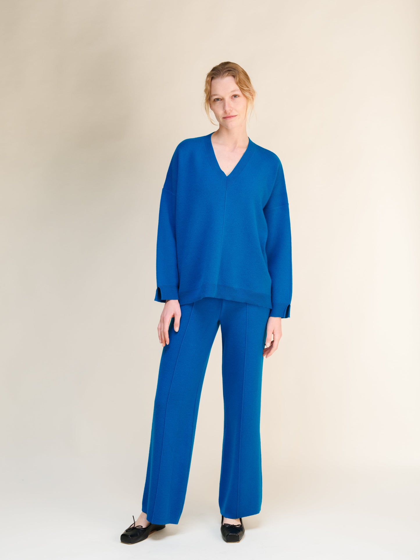 Cashmere Mix Solid Maxi V Neck with Side Slits