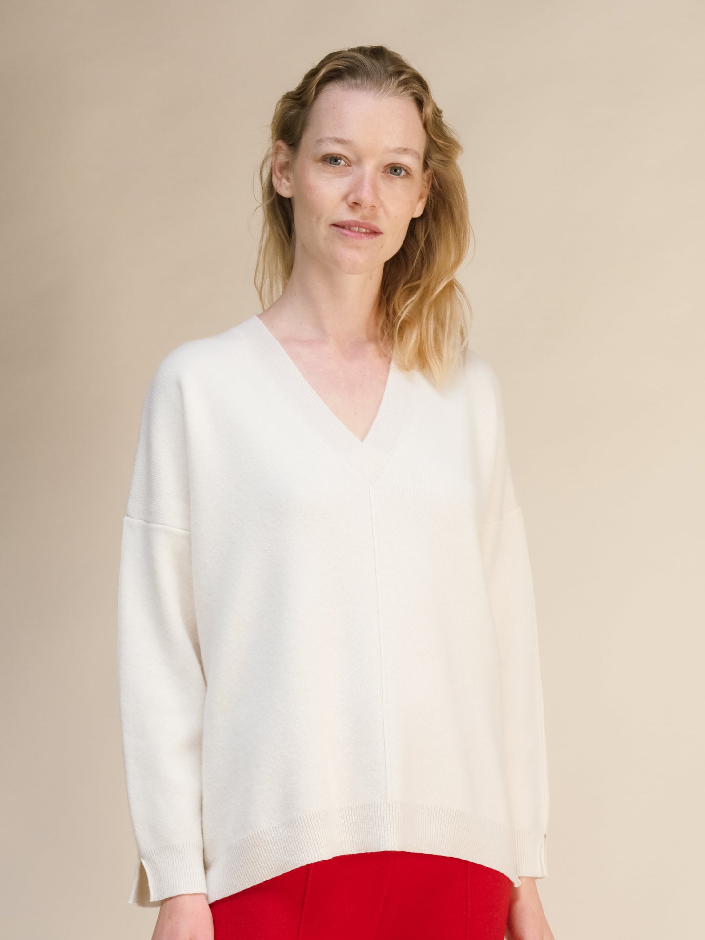 Cashmere Mix Solid Maxi V Neck with Side Slits