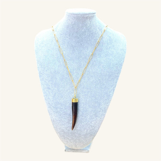 Polished Dark Horn Pendant – Gold Paperclip Chain Necklace