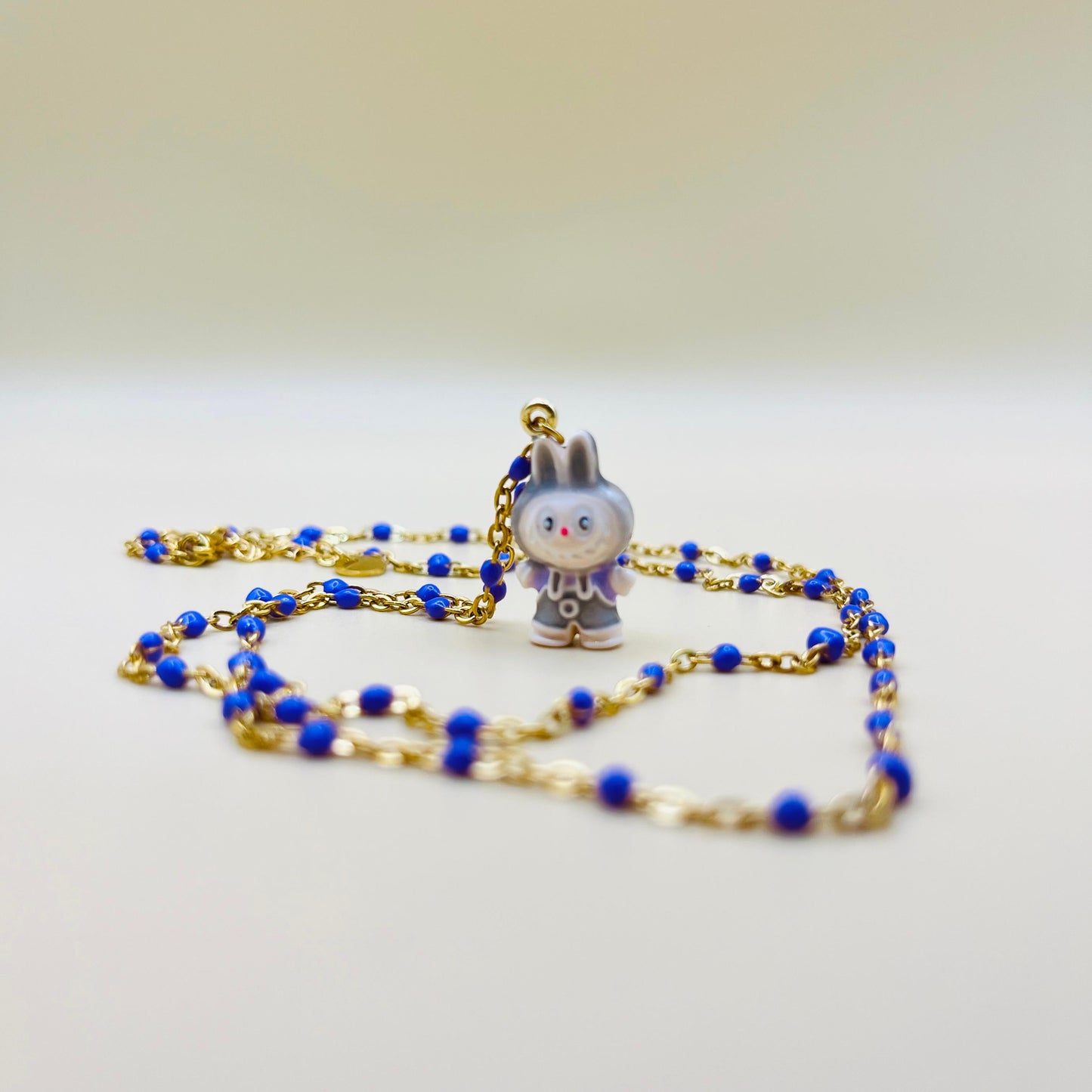 Labubu Kawaii Necklace – Gold-Plated Beaded Chain with Enamel Cartoon Charm