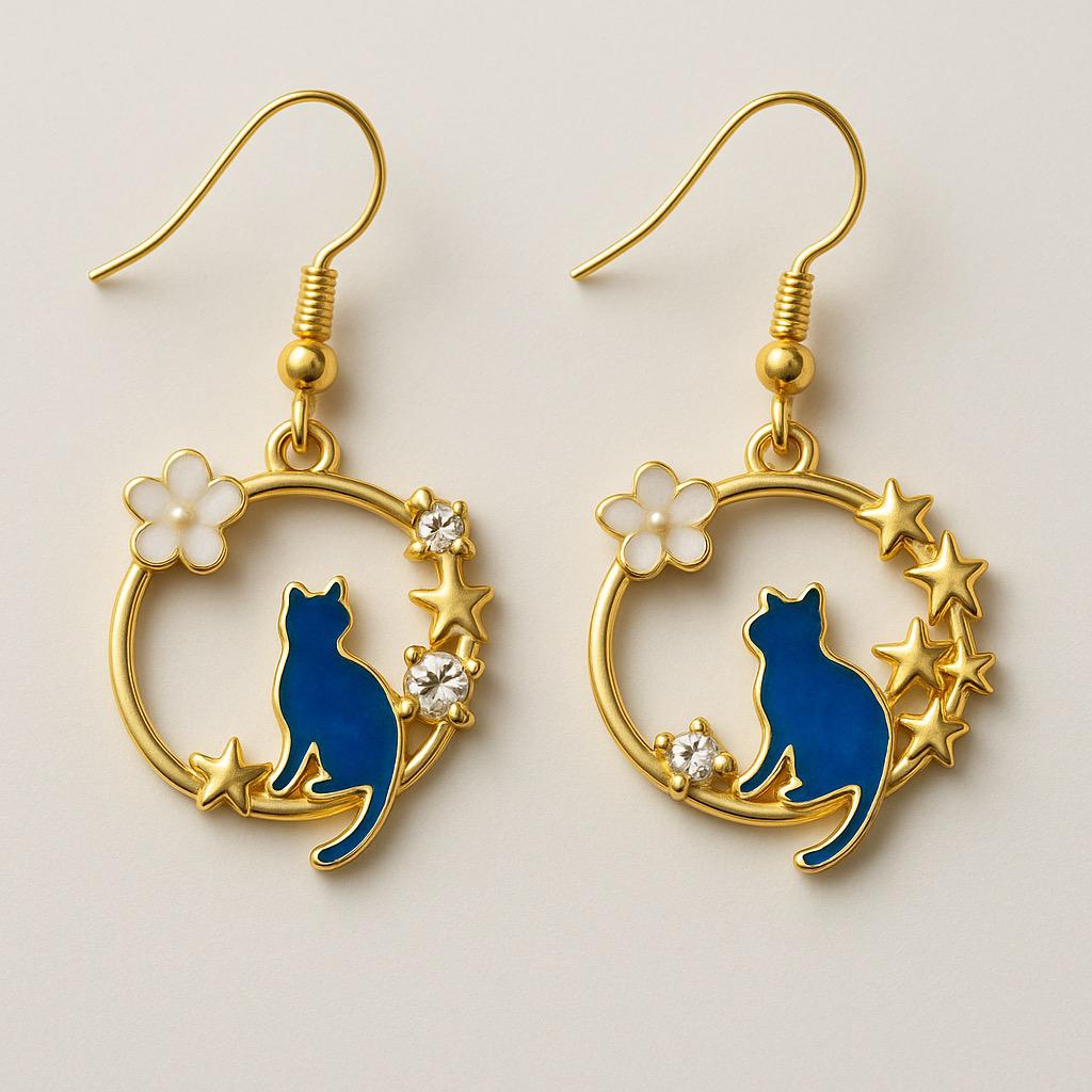 Celestial Cat Earrings – Gold-Plated Dangle with Blue Enamel & Stars