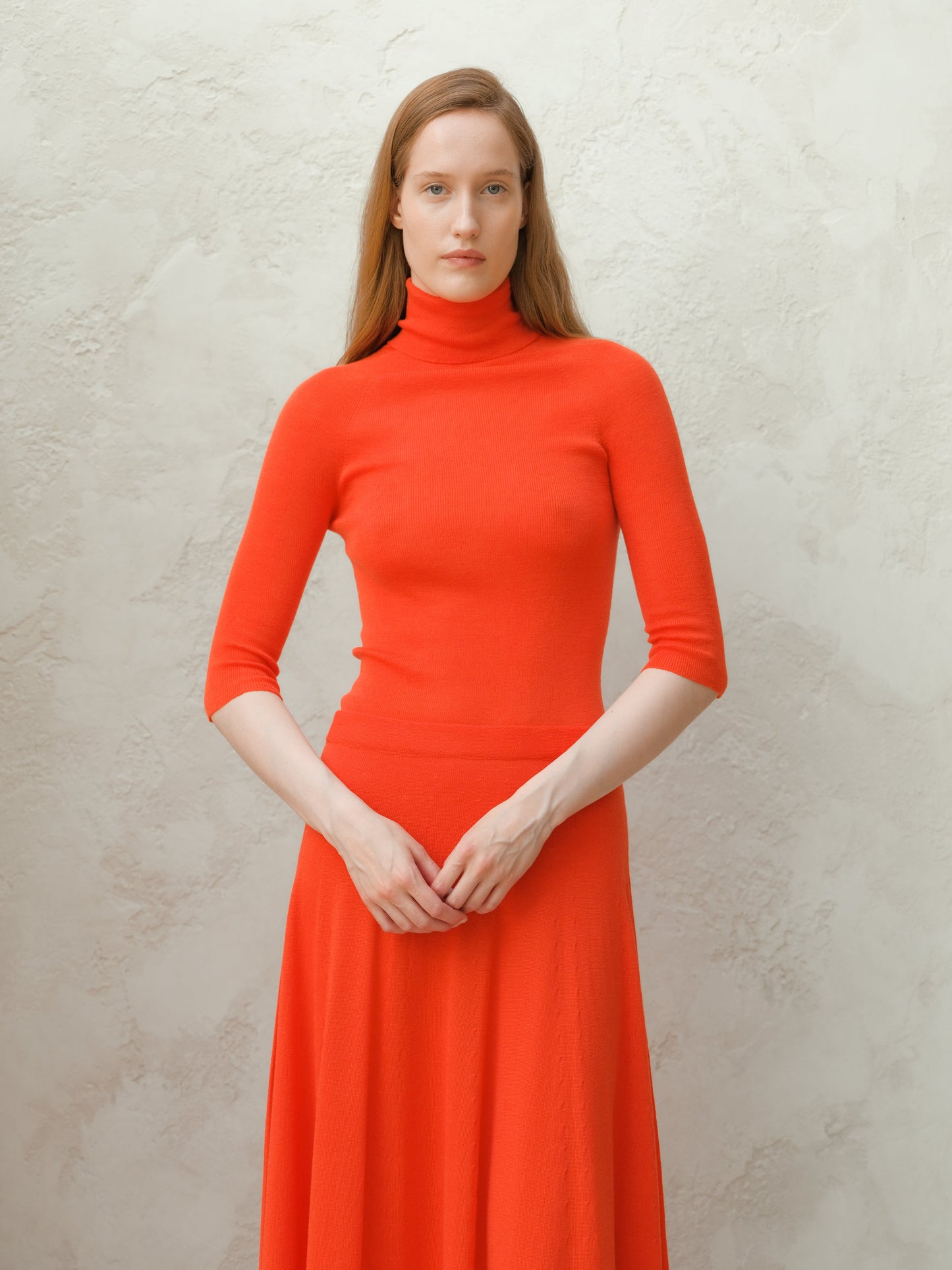 Extra Fine Merino Wool 3/4 Sleeve Ribbed Turtleneck  (3D-Knit)