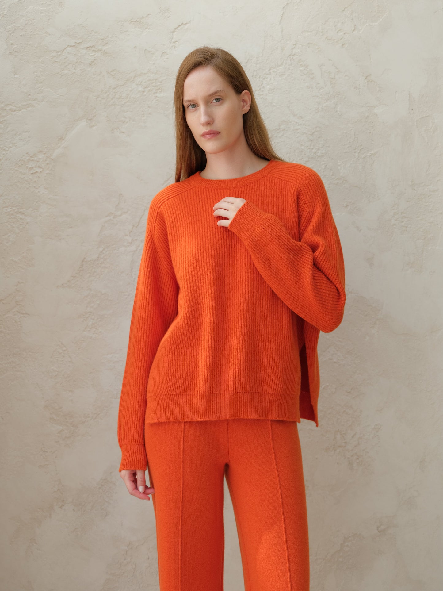Cashmere Mix Crewneck Ribbed Sweater with Lateral Slits