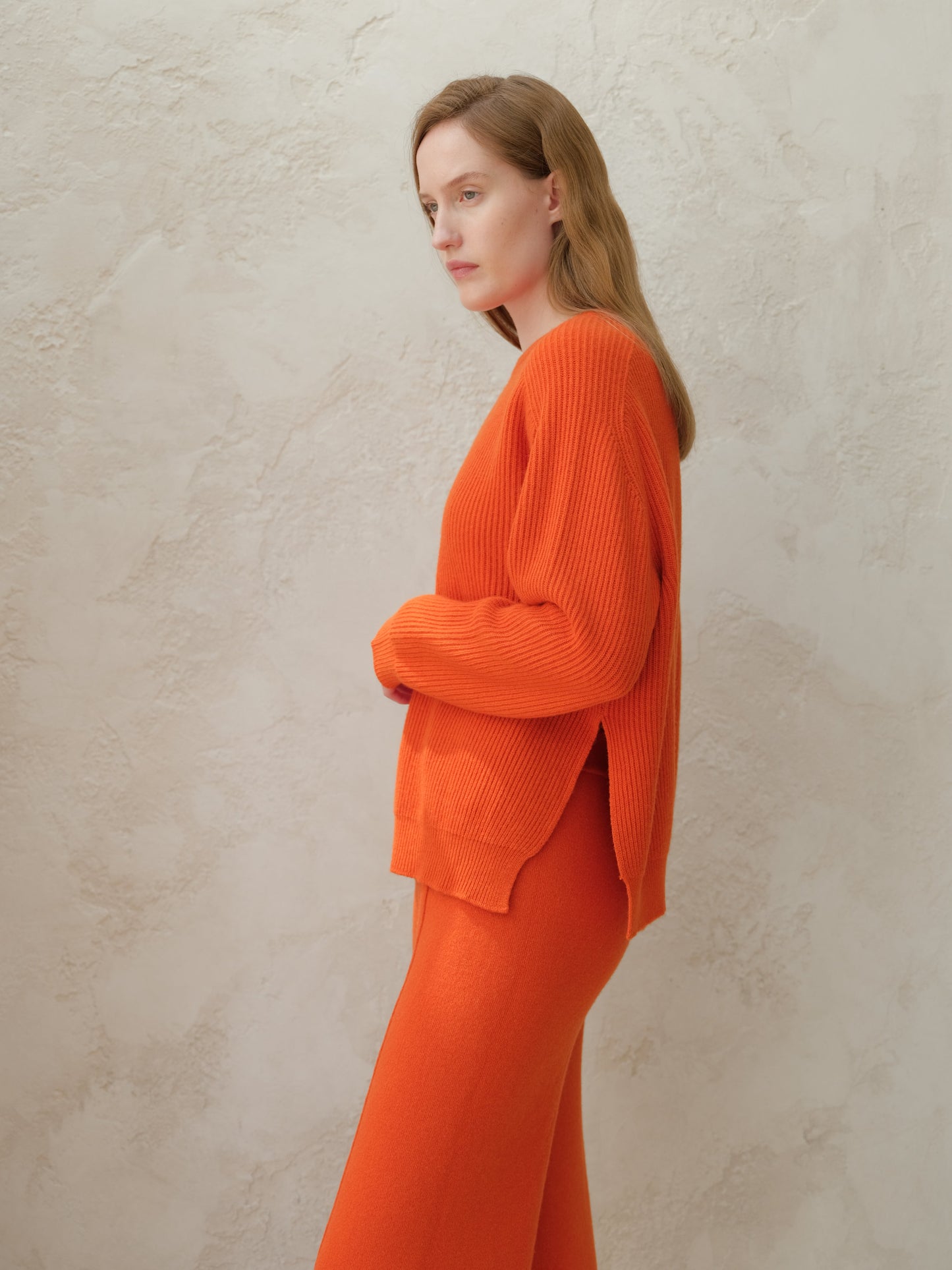 Cashmere Mix Crewneck Ribbed Sweater with Lateral Slits