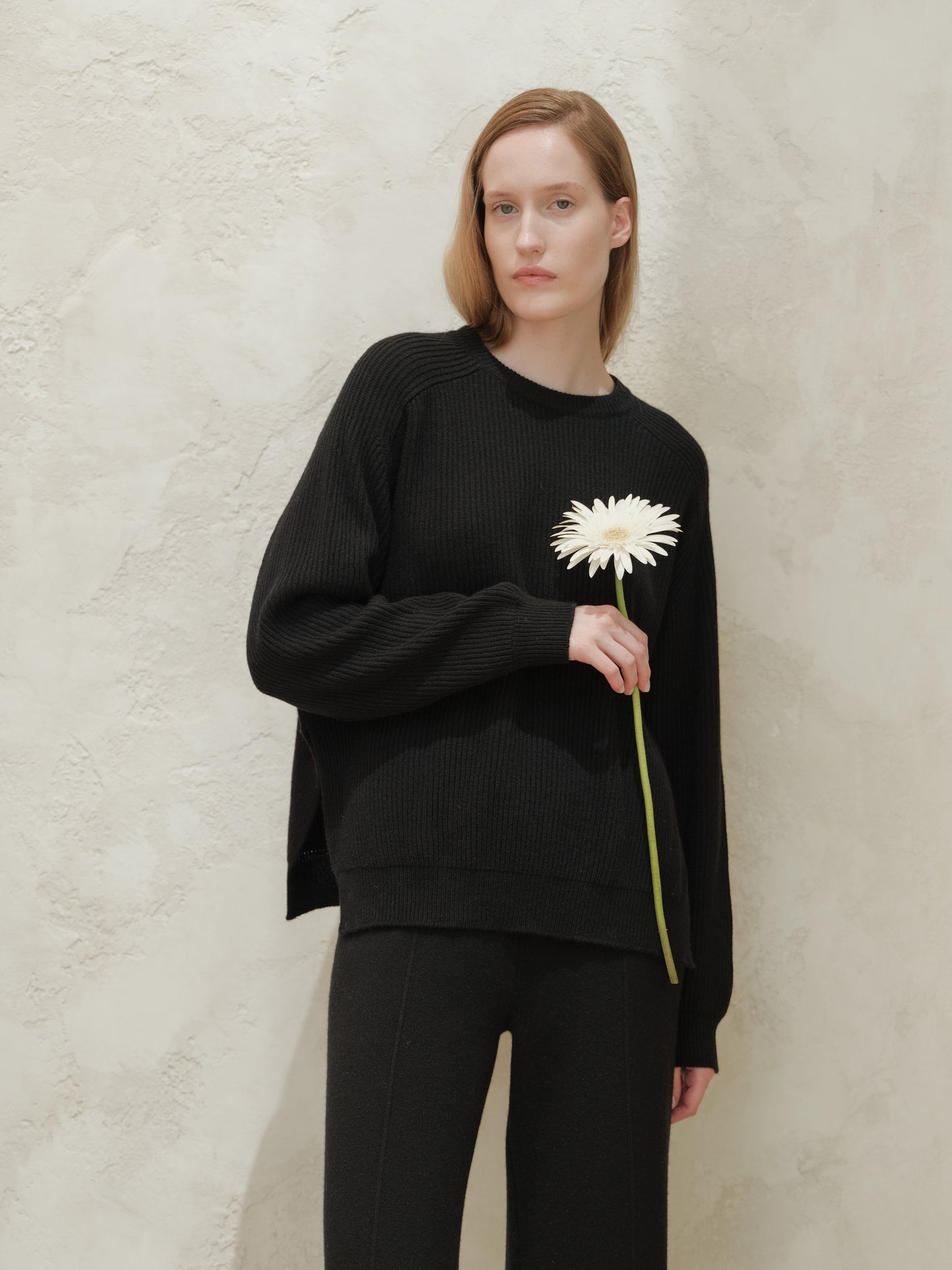 Cashmere Mix Crewneck Ribbed Sweater with Lateral Slits