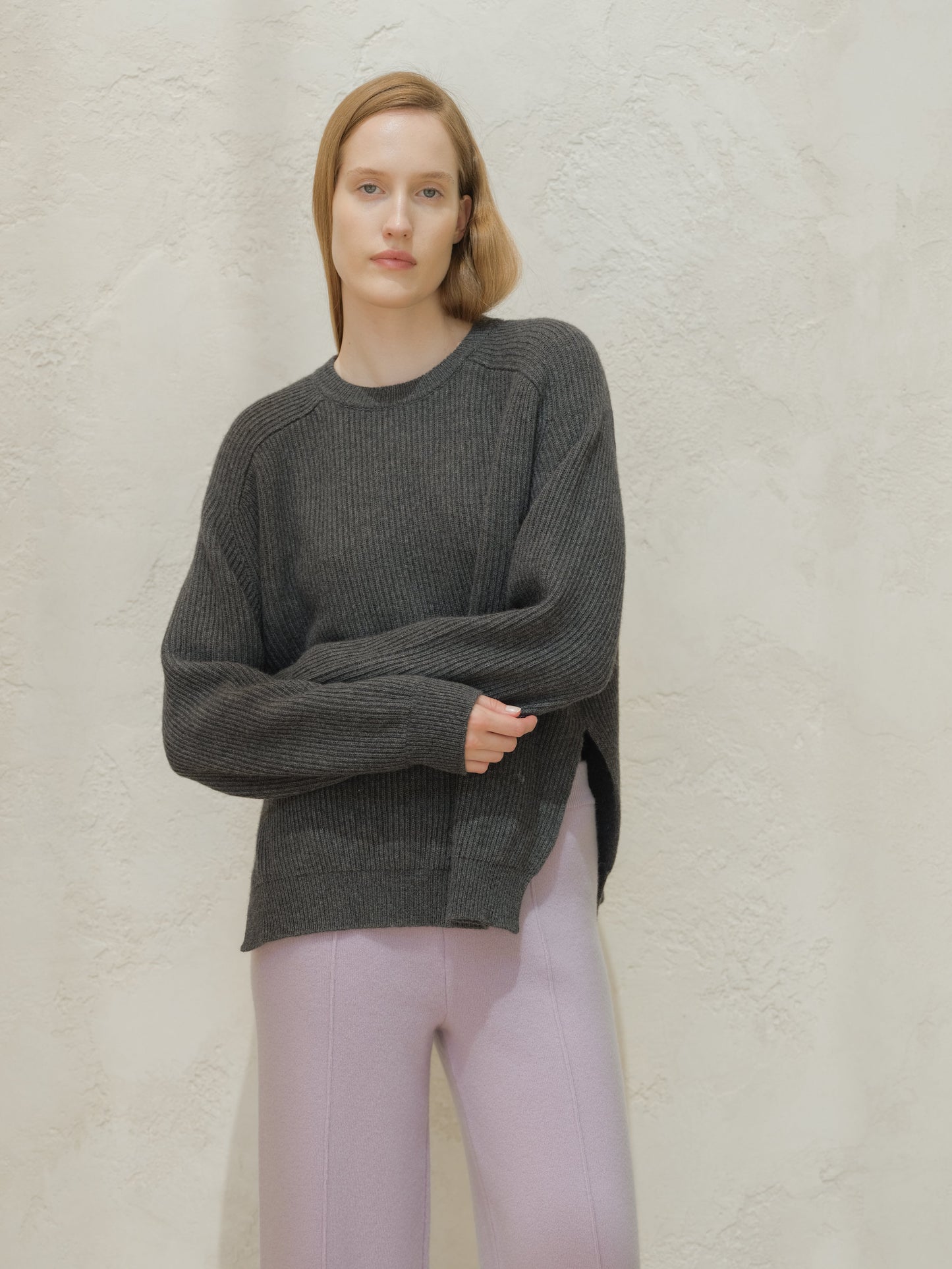 Cashmere Mix Crewneck Ribbed Sweater with Lateral Slits