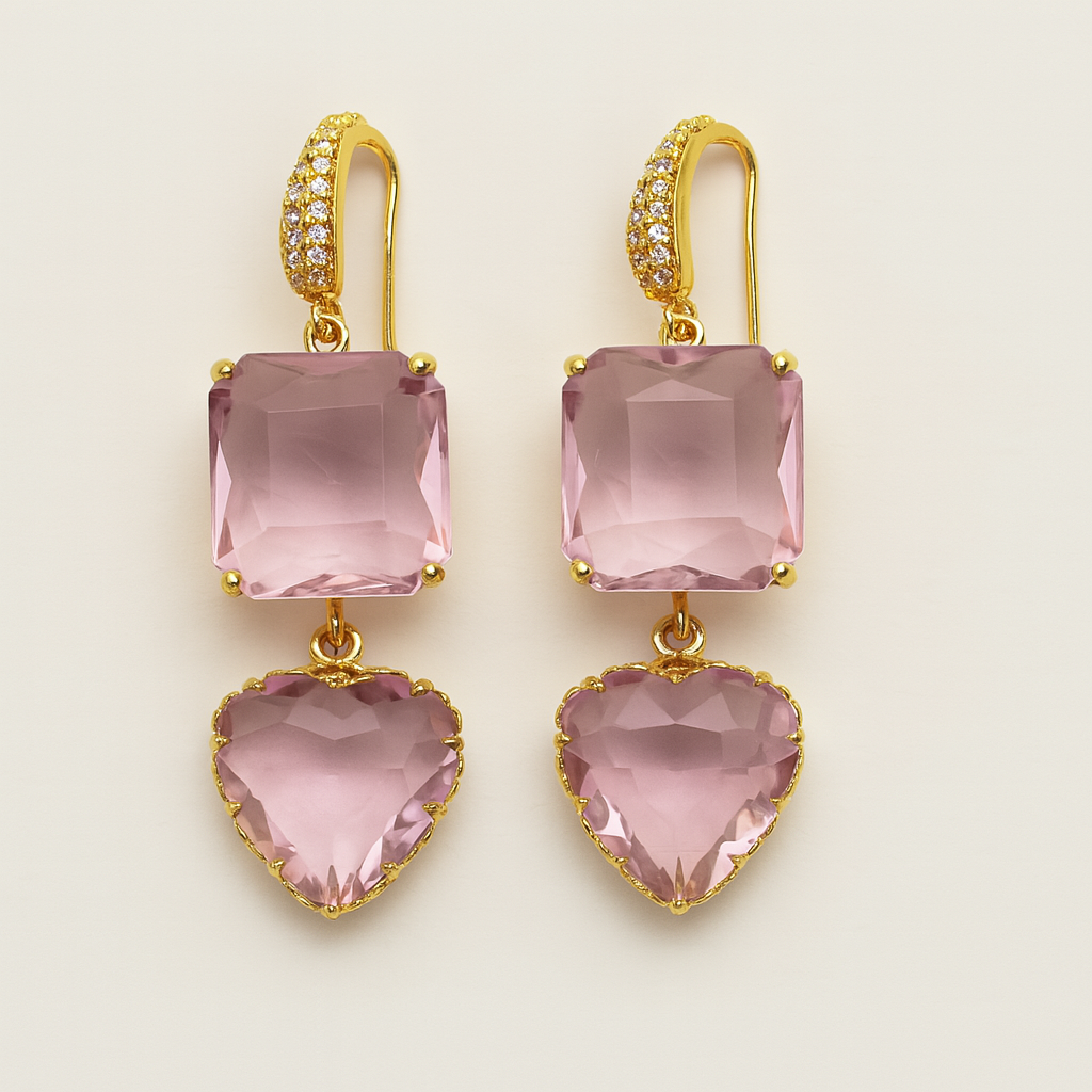 Gold-Plated Gemstone Drop Earrings – Heart & Cushion Design