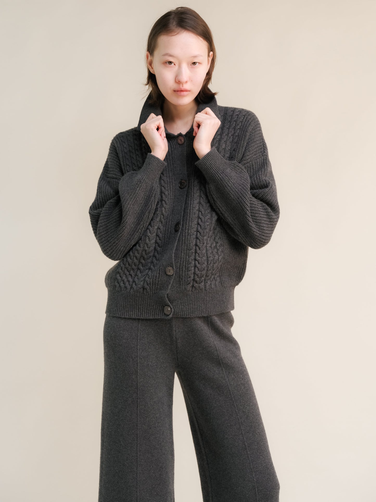 Cashmere Mix Cable Polo Cardigan