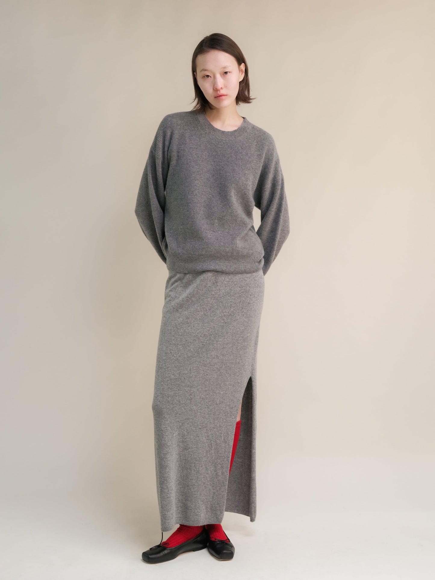 Cashmere Mix Ribbed Crewneck Sweater with Balloon Sleeves