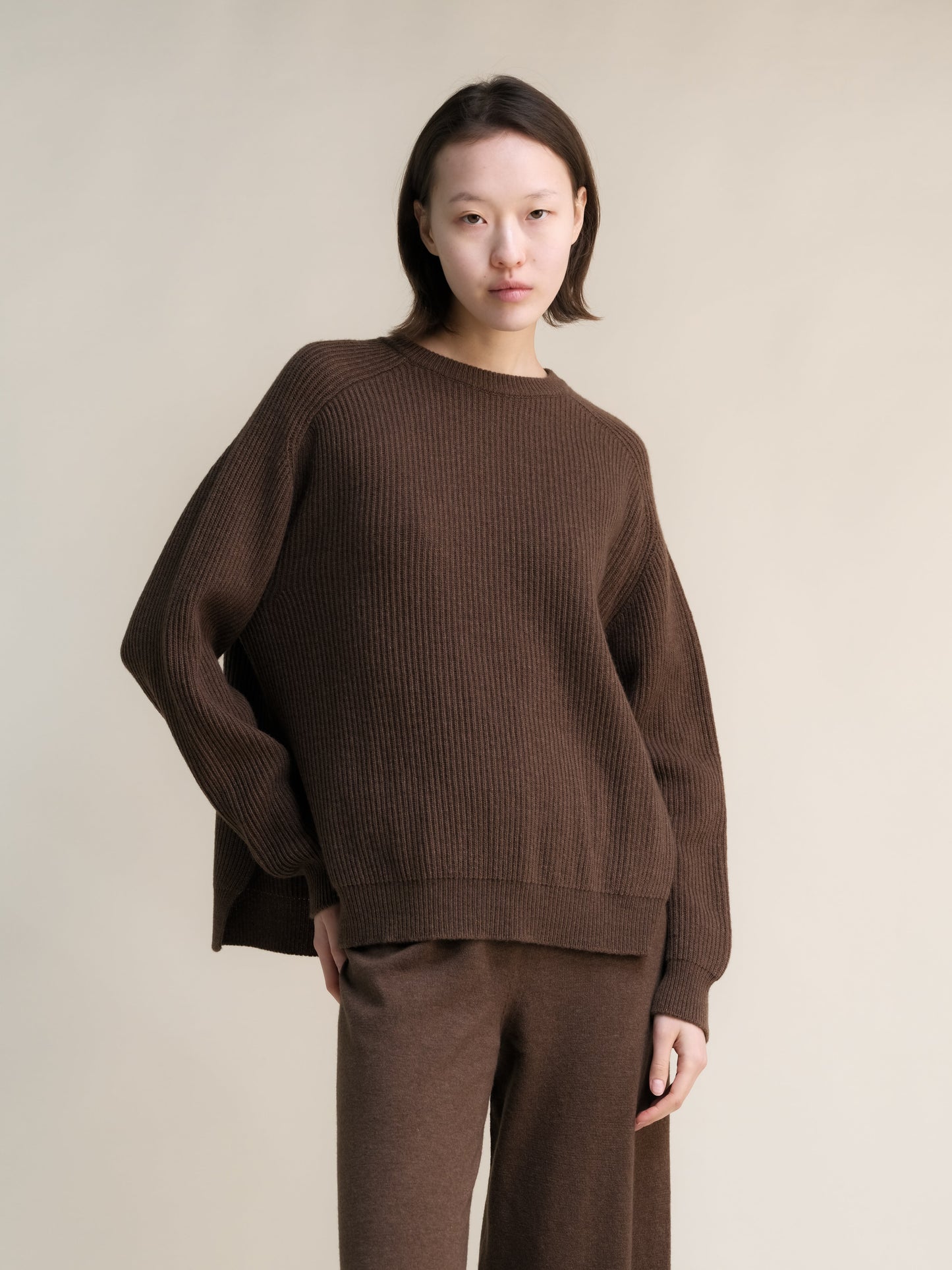 Cashmere Mix Crewneck Ribbed Sweater with Lateral Slits