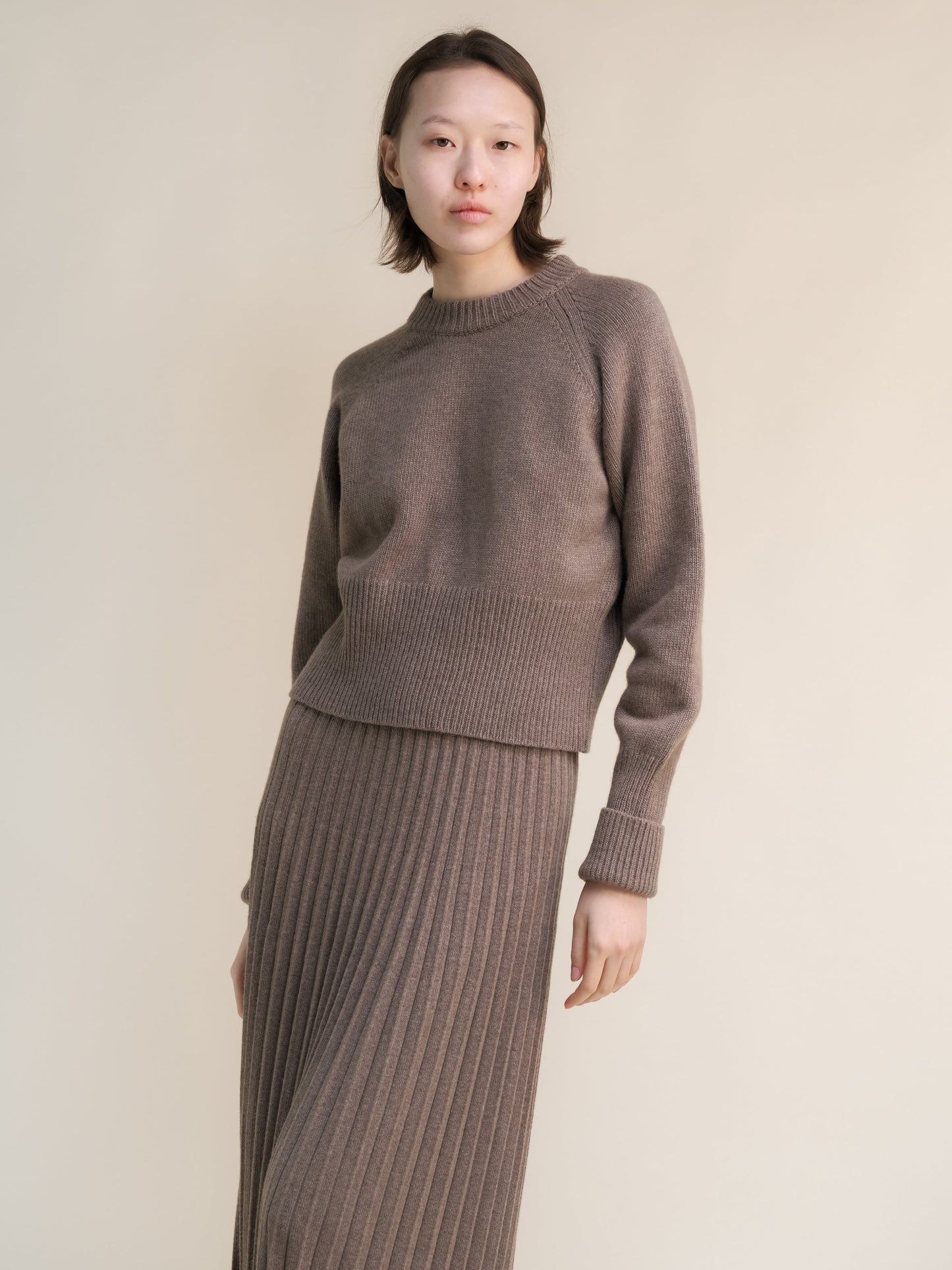 Cashmere Mix Roll-Up Cuff Crewneck Sweater