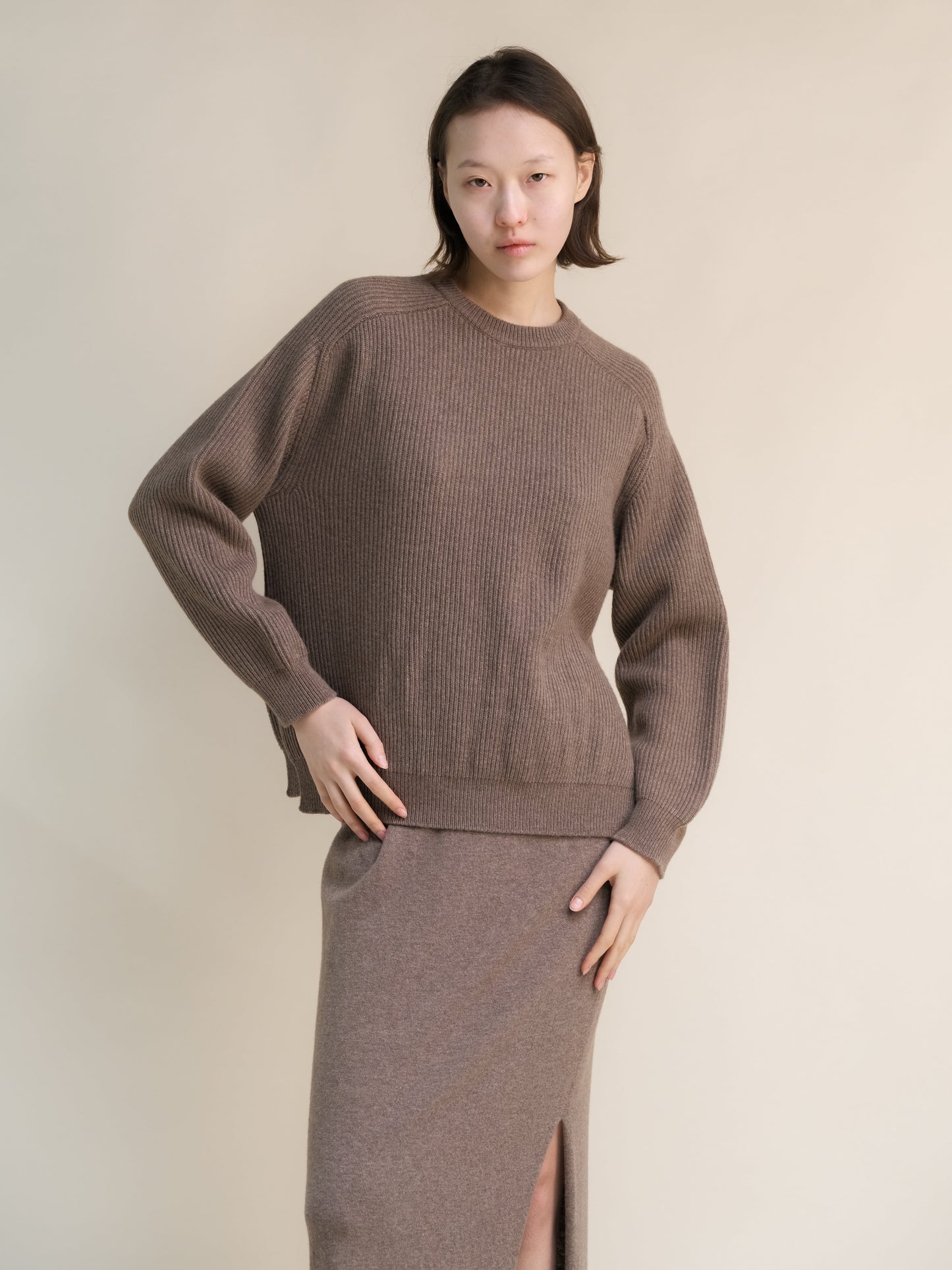 Cashmere Mix Crewneck Ribbed Sweater with Lateral Slits