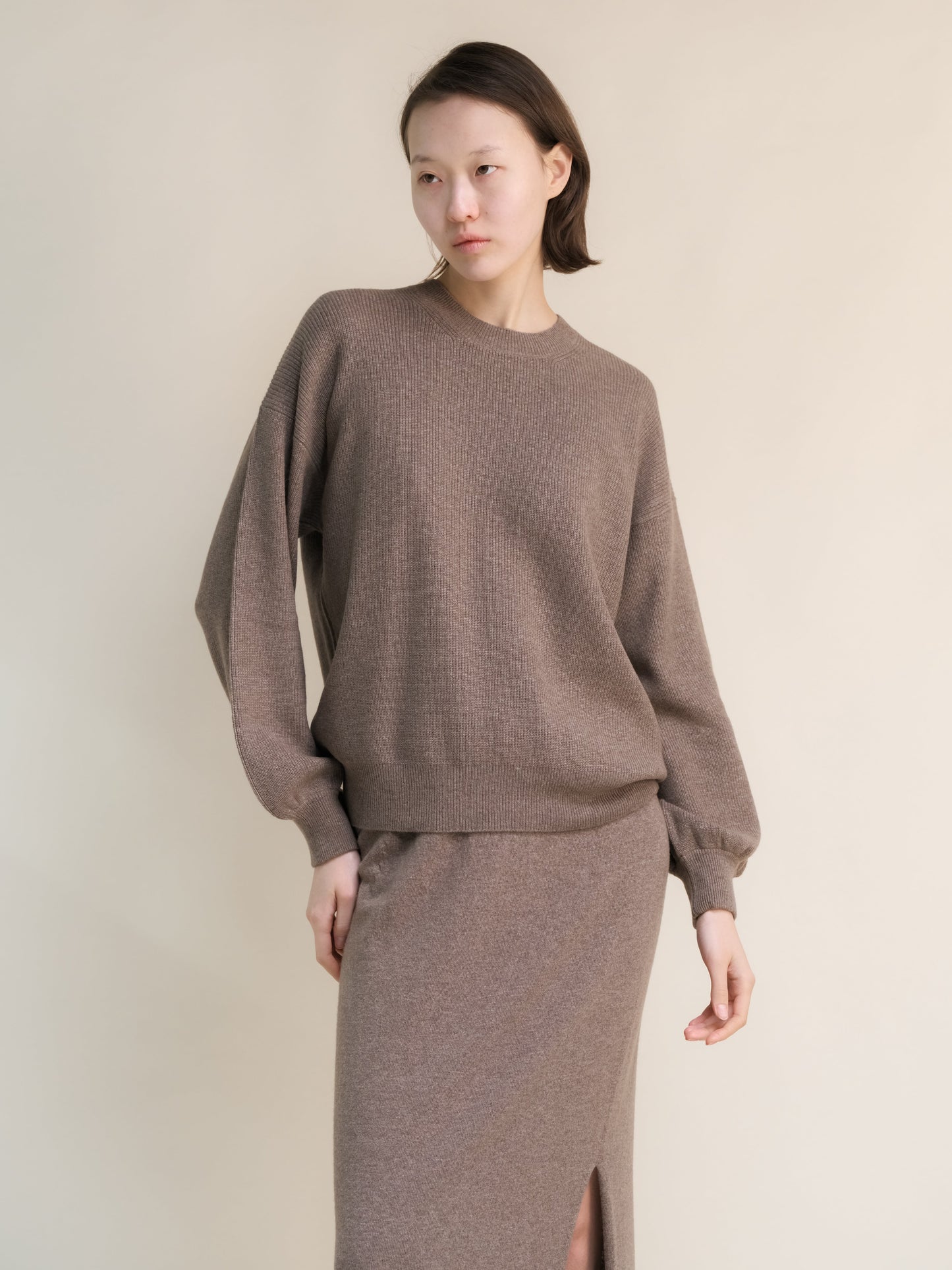 Cashmere Mix Ribbed Crewneck Sweater with Balloon Sleeves