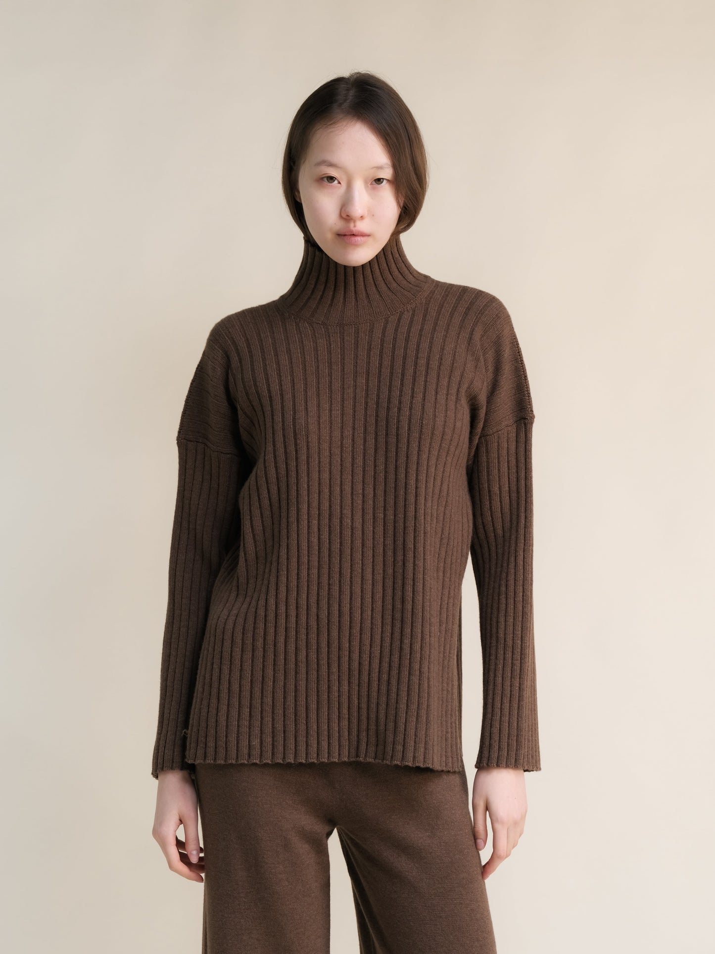 Cashmere Mix Ribbed High Neck with Side Slits