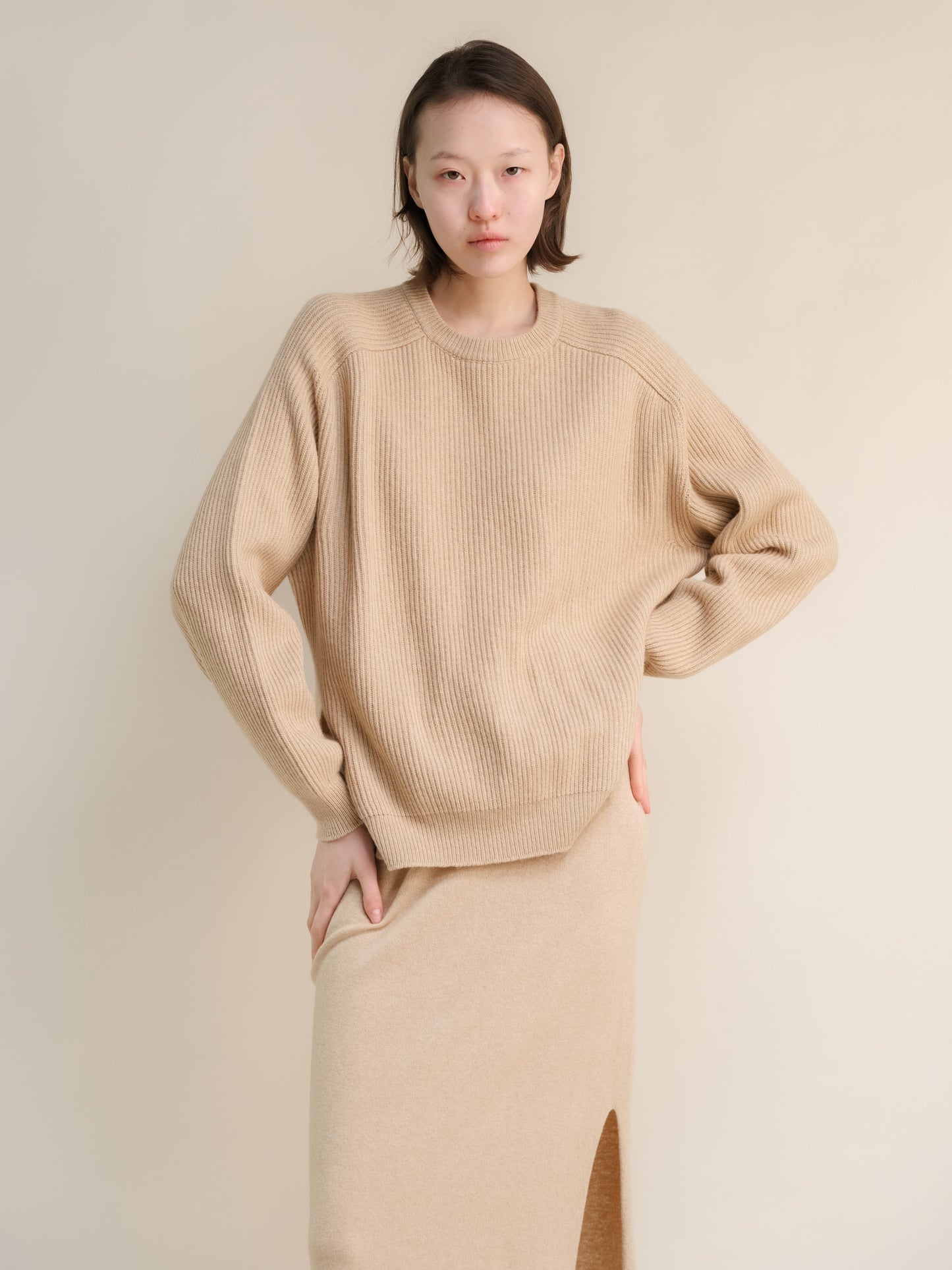 Cashmere Mix Crewneck Ribbed Sweater with Lateral Slits