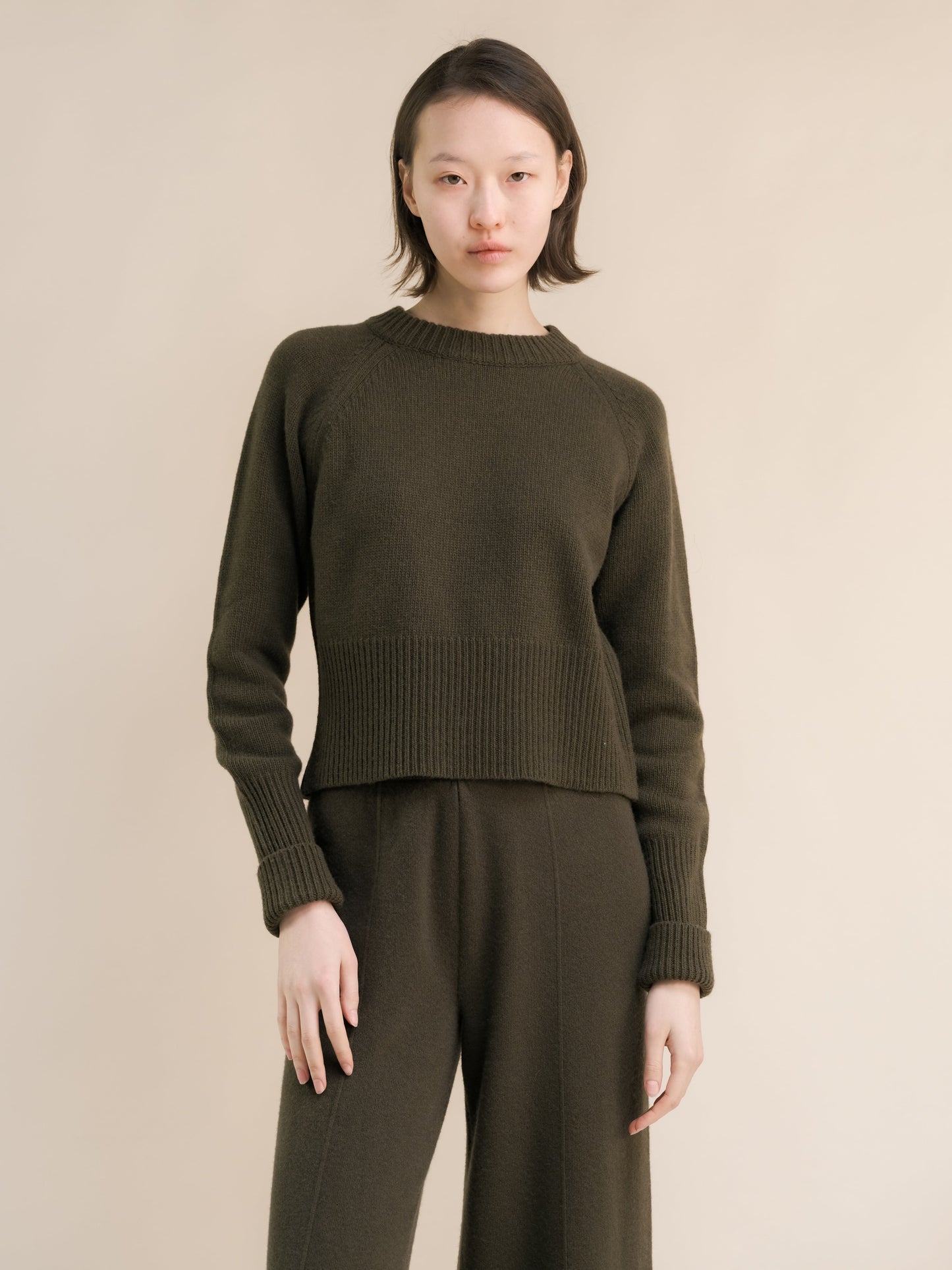 Cashmere Mix Roll-Up Cuff Crewneck Sweater