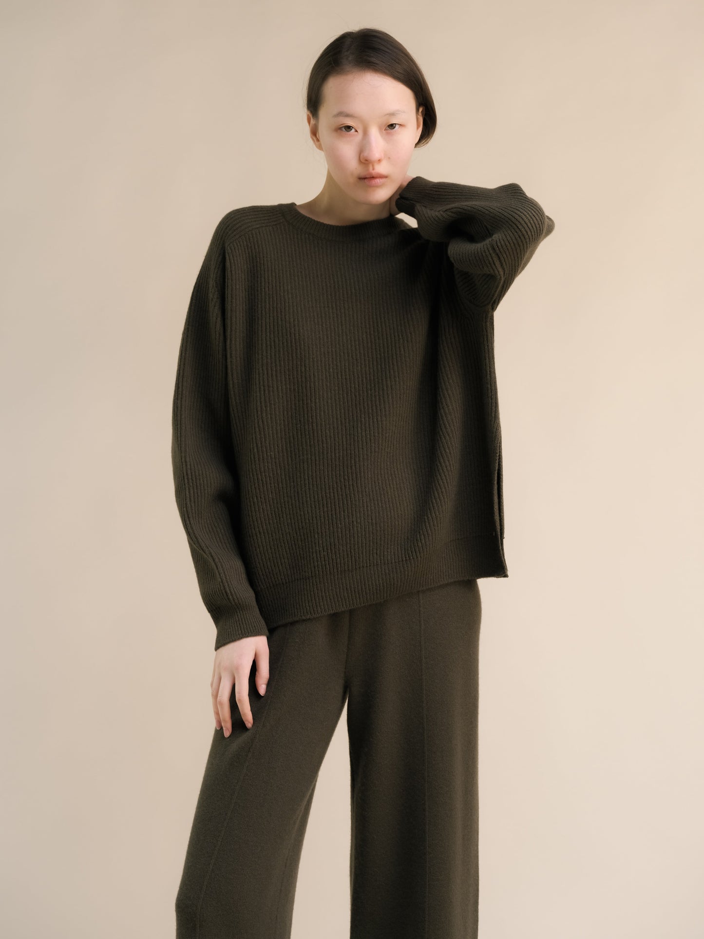 Cashmere Mix Crewneck Ribbed Sweater with Lateral Slits