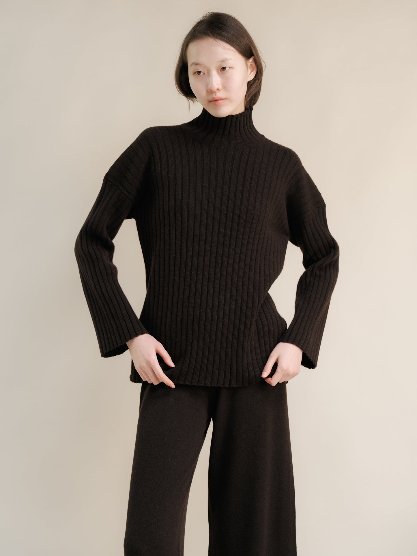 Cashmere Mix Ribbed High Neck with Side Slits