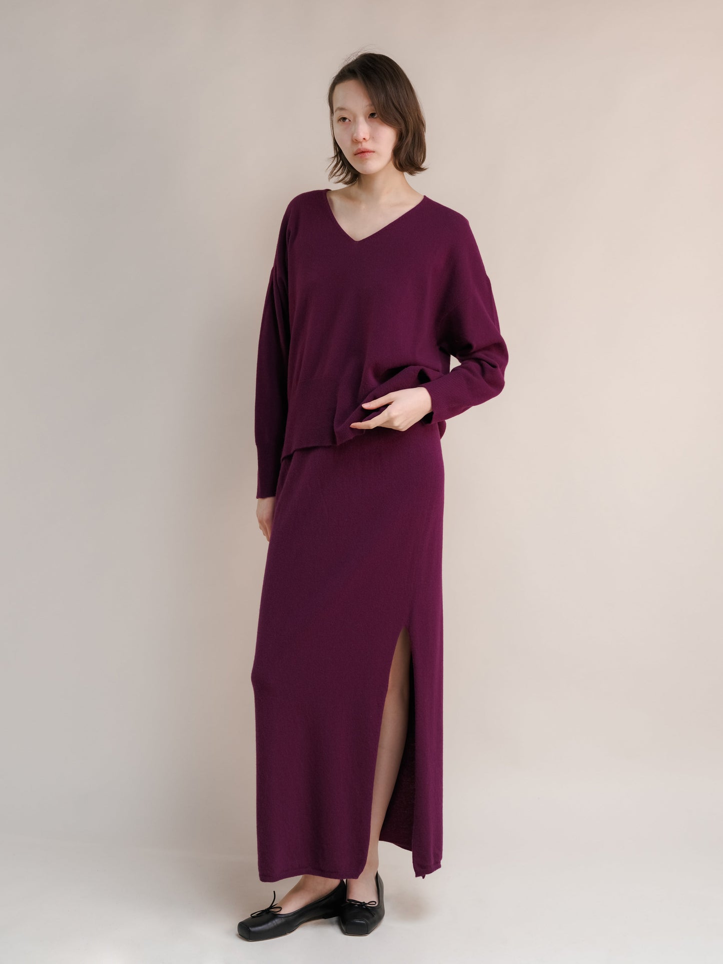 Cashmere Mix High-Waist Long Skirt With Side Slit (3D-knit)