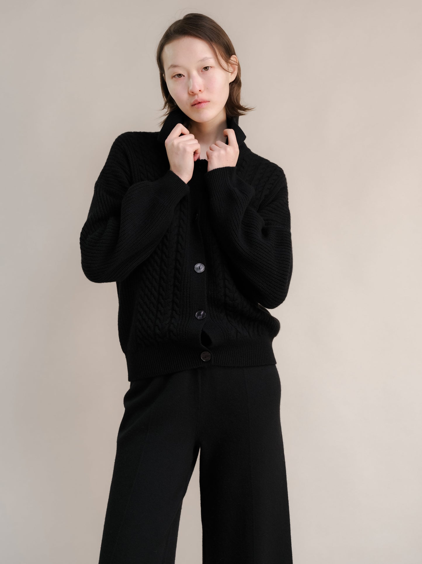 Cashmere Mix Cable Polo Cardigan