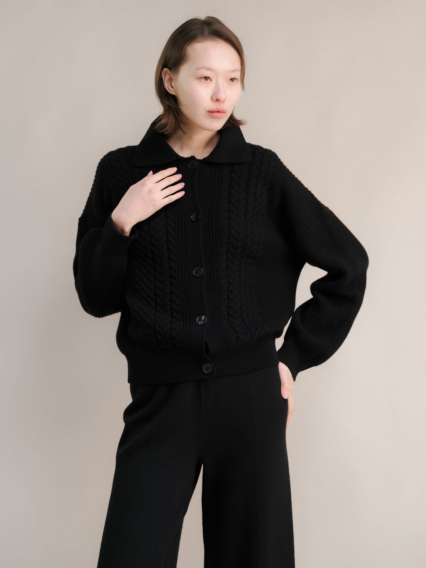 Cashmere Mix Cable Polo Cardigan