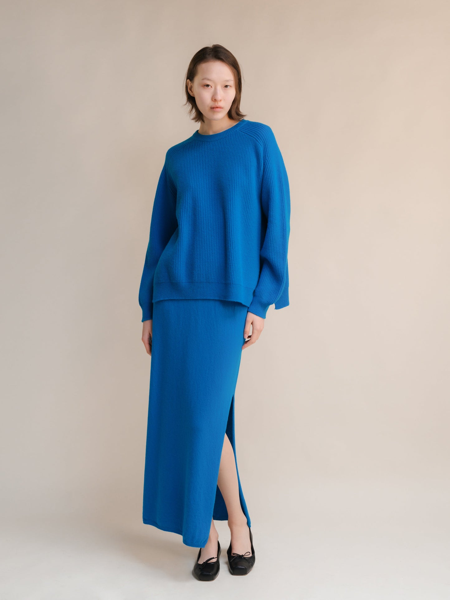 Cashmere Mix Crewneck Ribbed Sweater with Lateral Slits