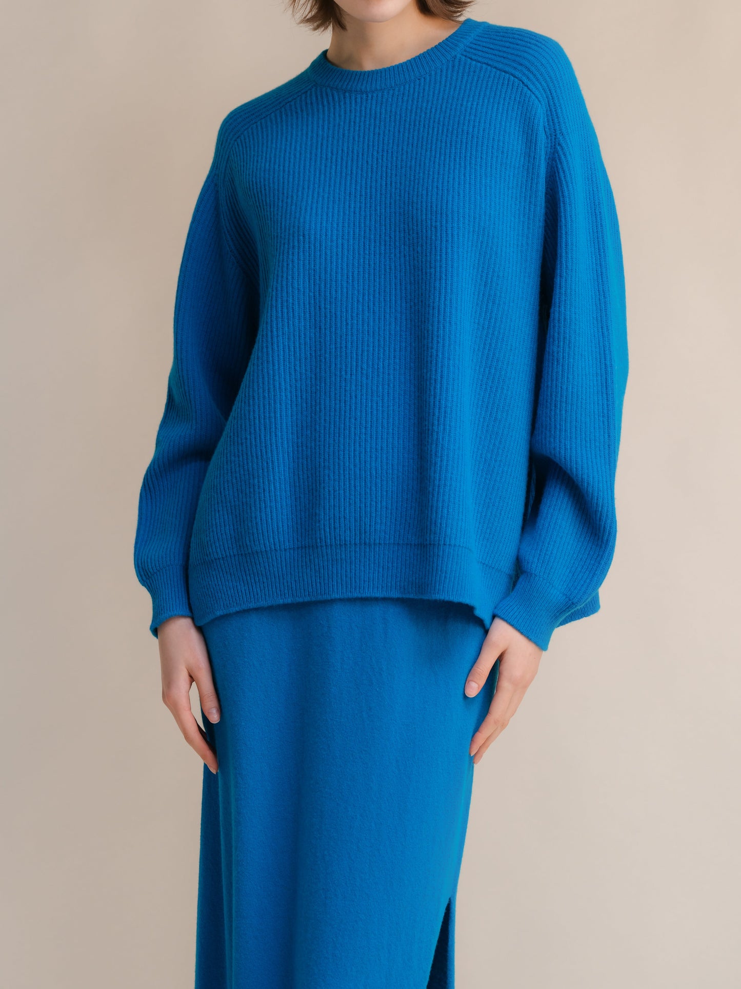 Cashmere Mix Crewneck Ribbed Sweater with Lateral Slits