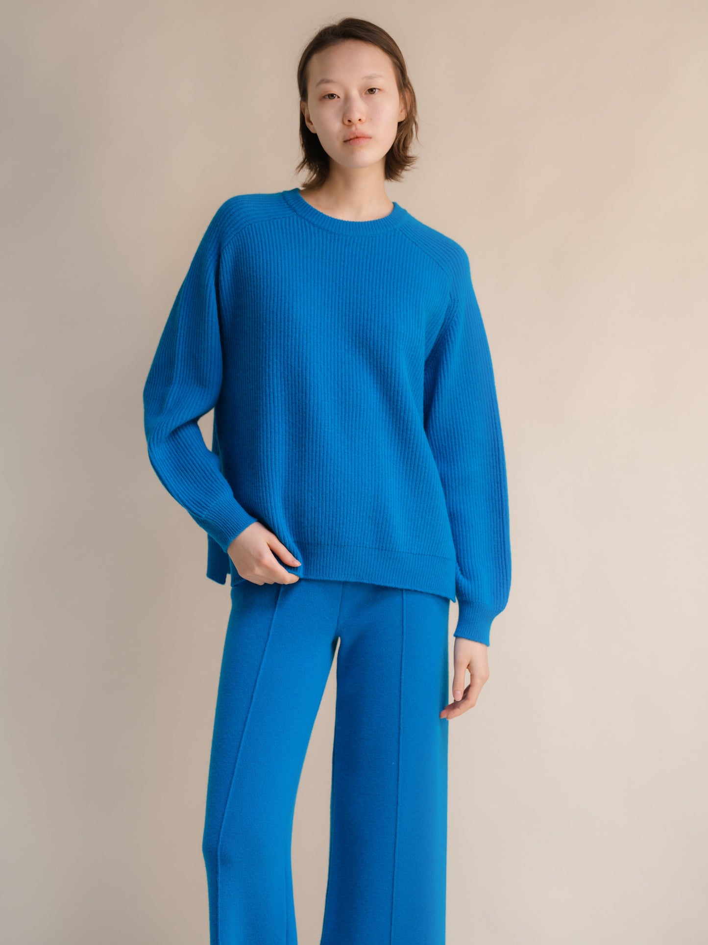 Cashmere Mix Crewneck Ribbed Sweater with Lateral Slits
