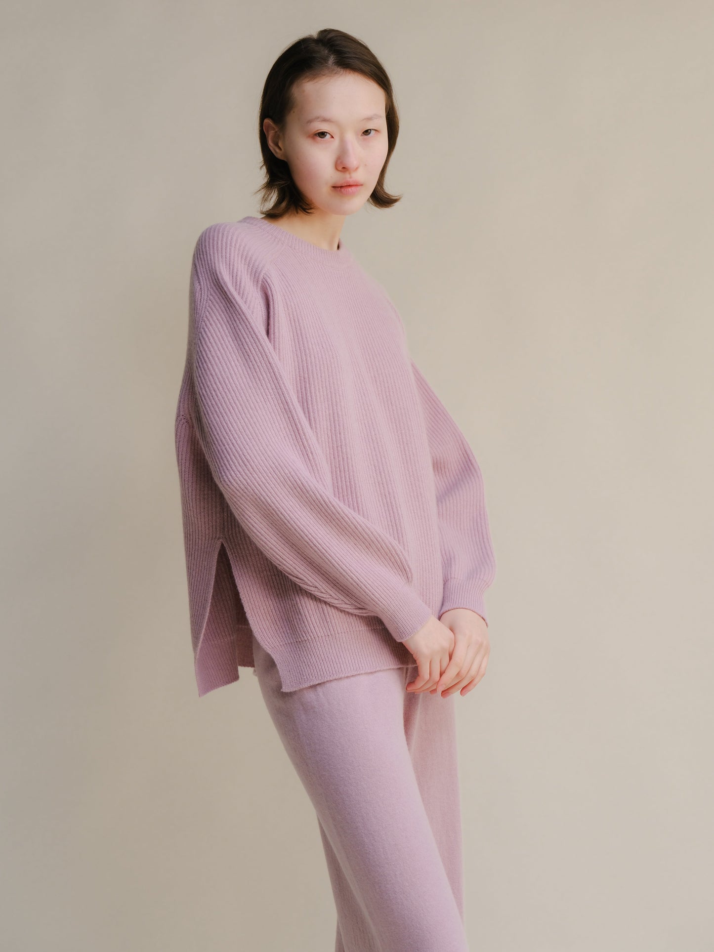 Cashmere Mix Crewneck Ribbed Sweater with Lateral Slits