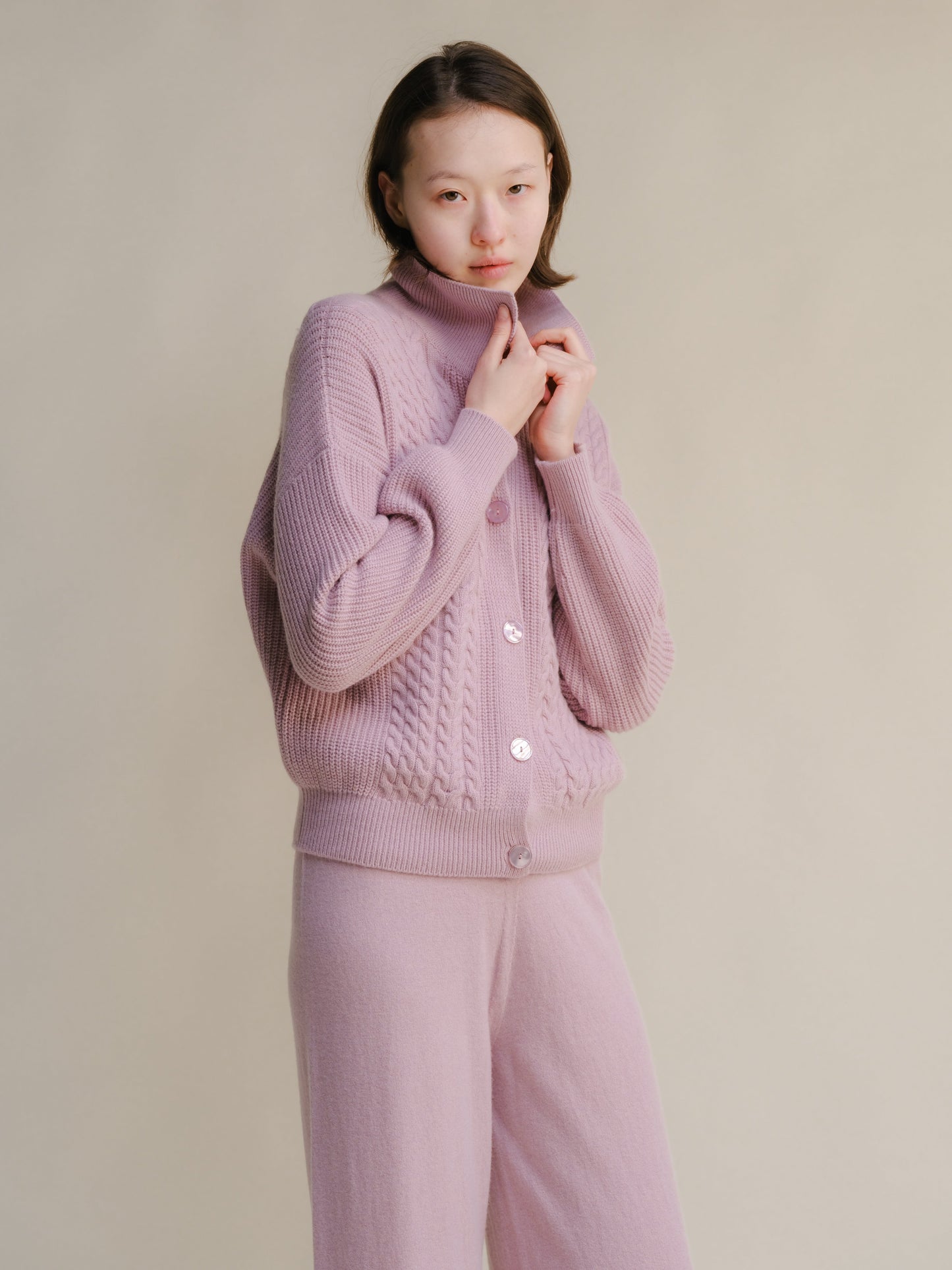 Cashmere Mix Cable Polo Cardigan