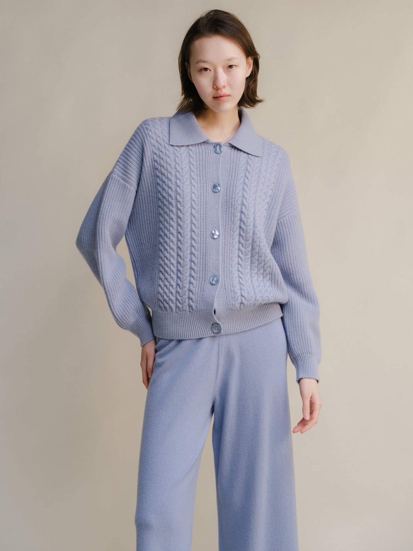 Cashmere Mix Cable Polo Cardigan