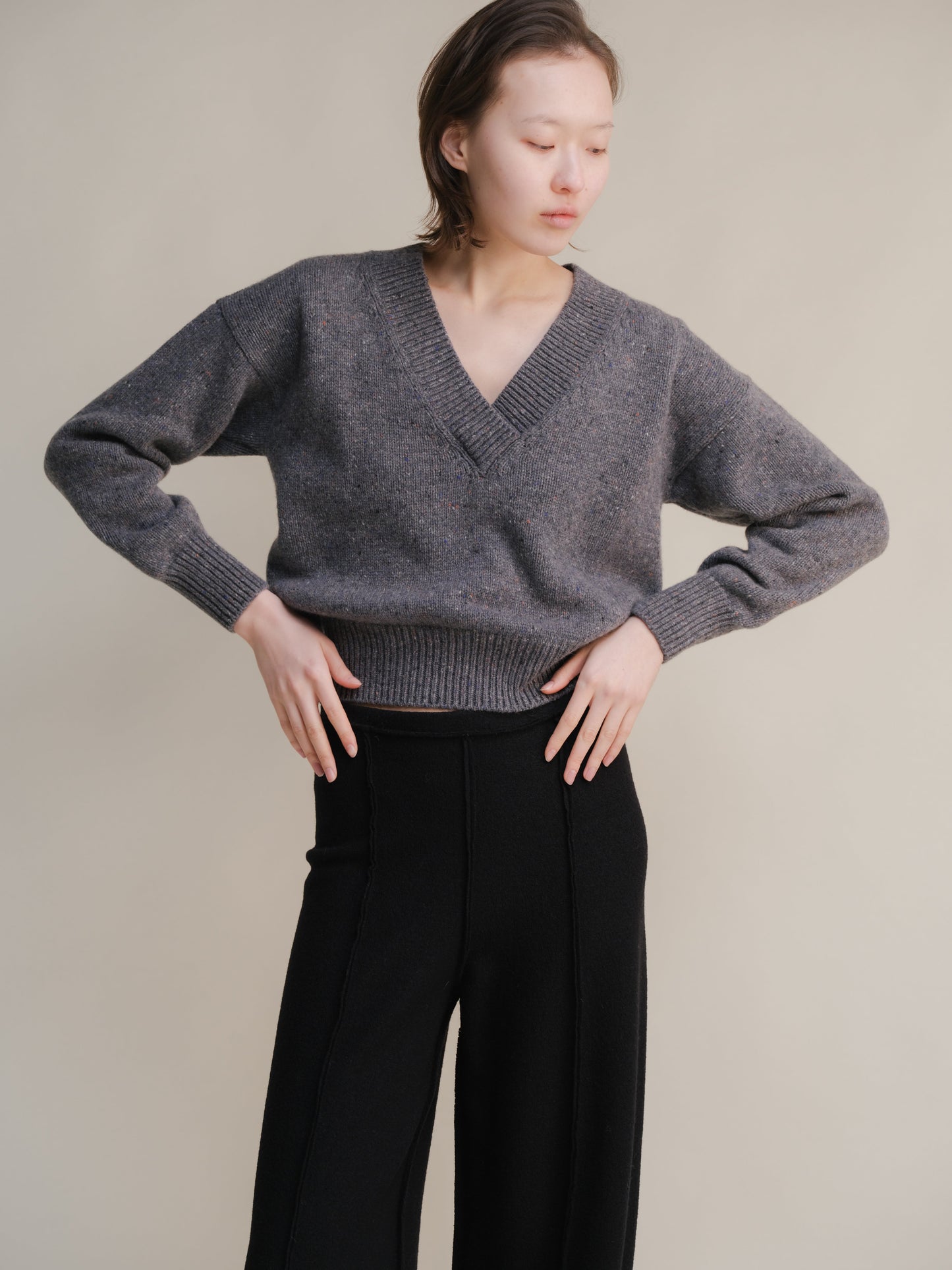 Tweed Cropped Double V-Neck Sweater