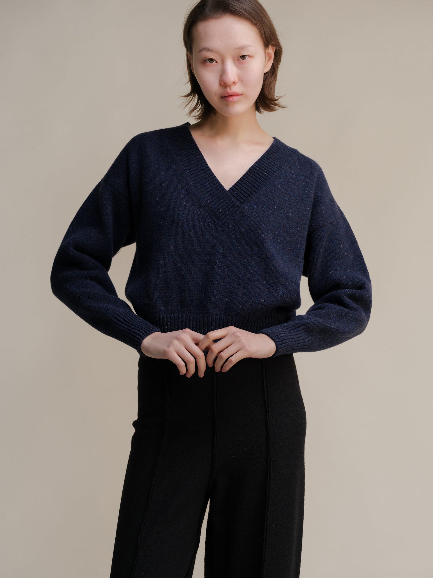 Tweed Cropped Double V-Neck Sweater