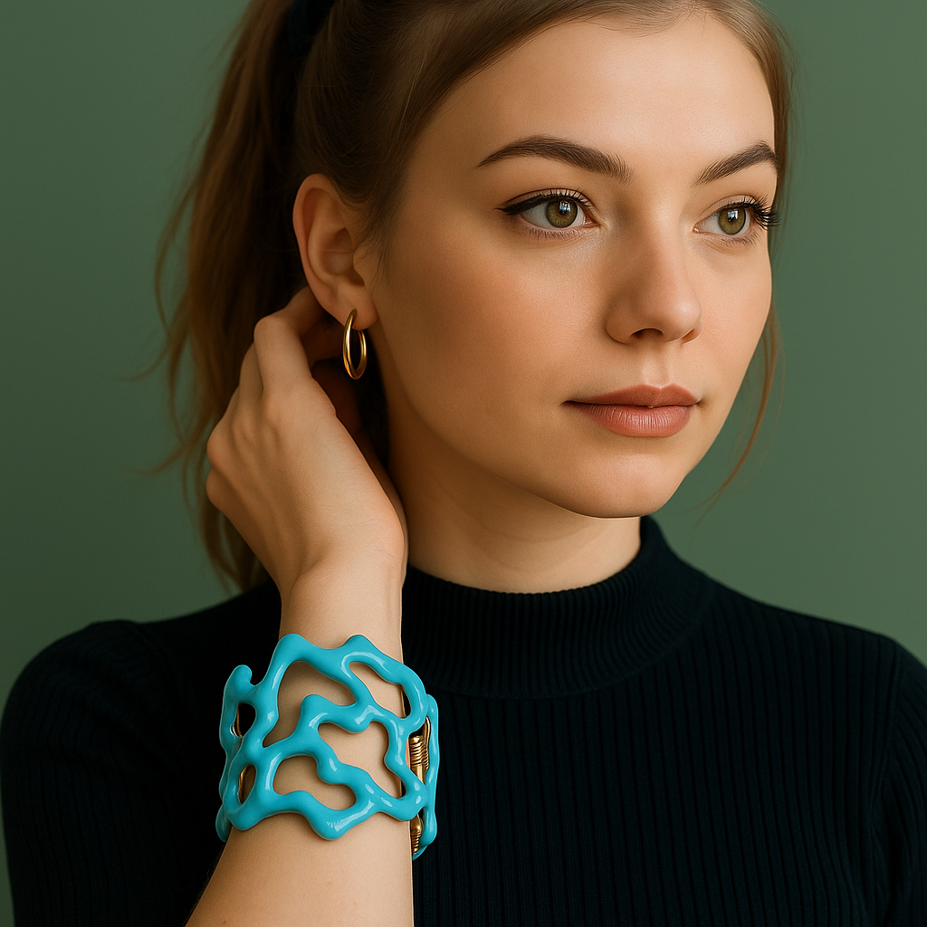 PARNIN Coral Luxe Enamel Cuff Bracelet – Red, White & Turquoise Statement Jewelry