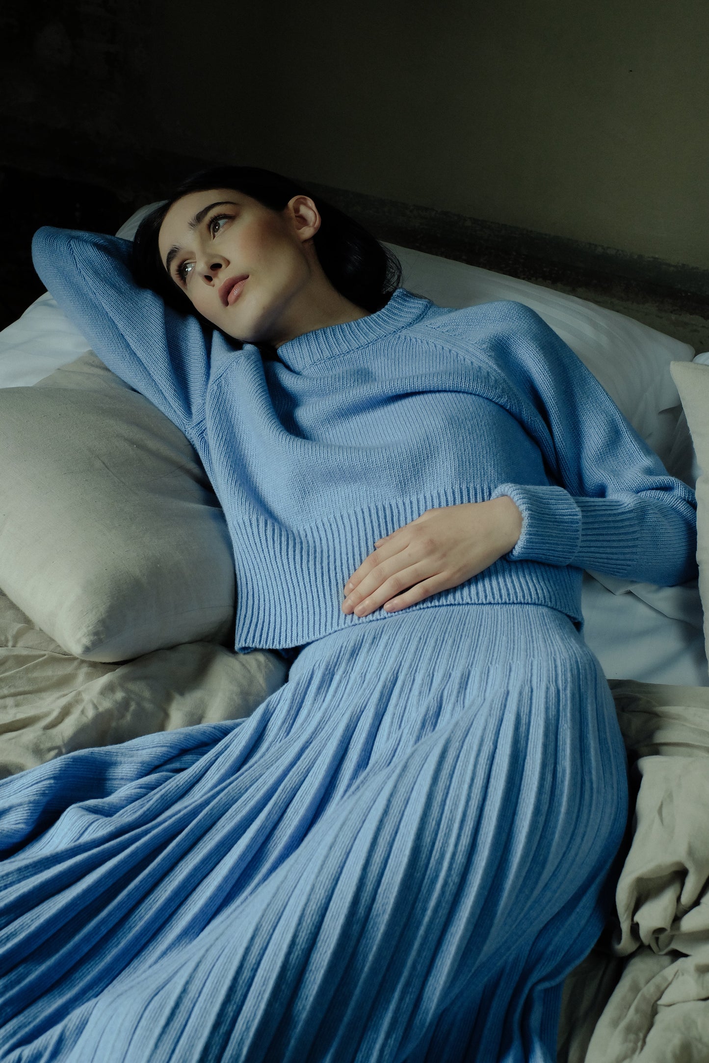 Cashmere Mix Roll-Up Cuff Crewneck Sweater