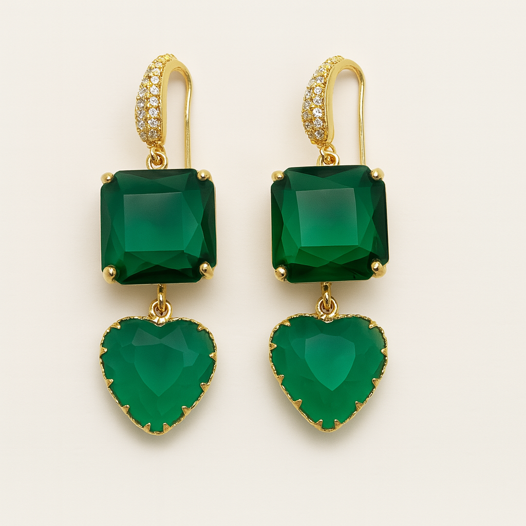 Gold-Plated Gemstone Drop Earrings – Heart & Cushion Design
