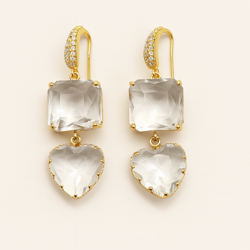 Gold-Plated Gemstone Drop Earrings – Heart & Cushion Design