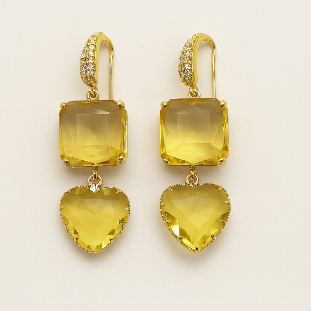 Gold-Plated Gemstone Drop Earrings – Heart & Cushion Design