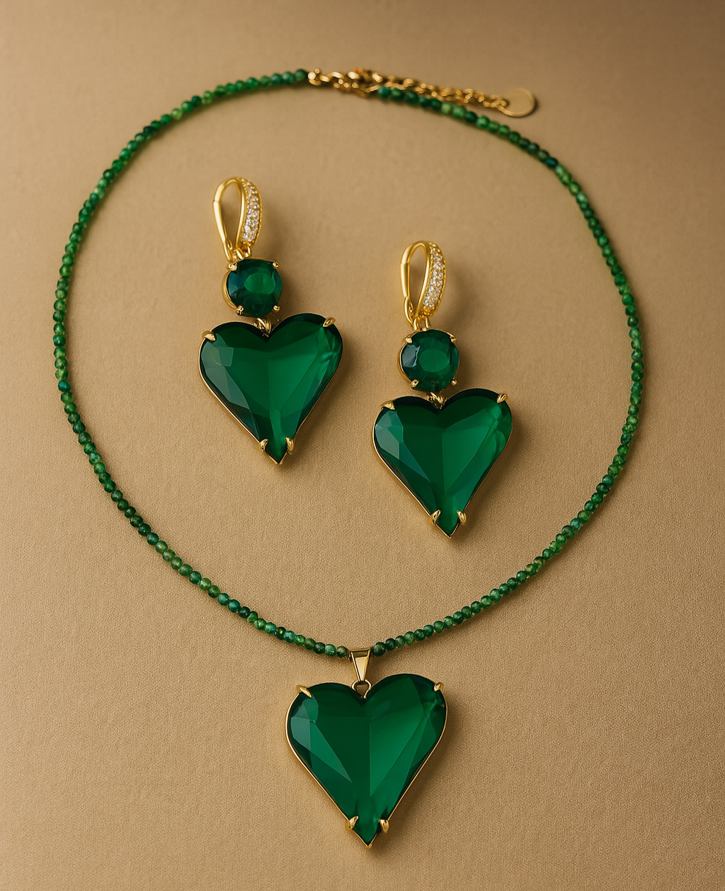 Heart-Shaped Gemstone Jewelry Set – Gold Plated Necklace & Earrings