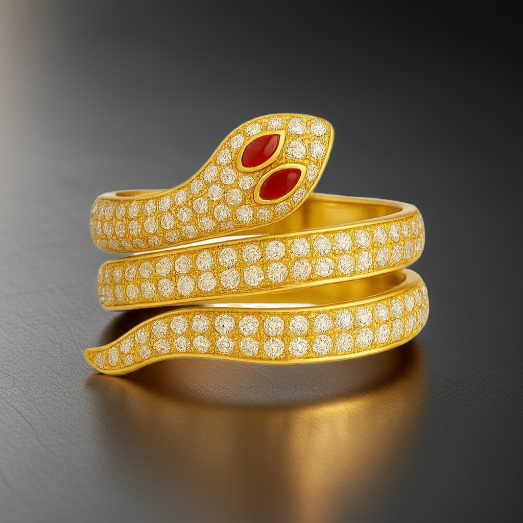 Gold-Plated Snake Wrap Ring – Red, Green, or Black Eye
